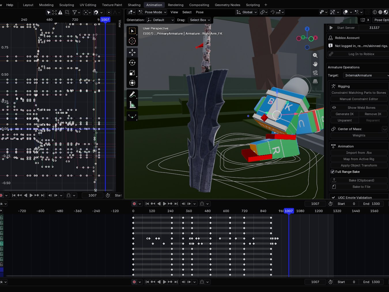 Blender's Animation workspace: keyframe curves in the graph editor, a Roblox character rig next to a large sword, and the timeline