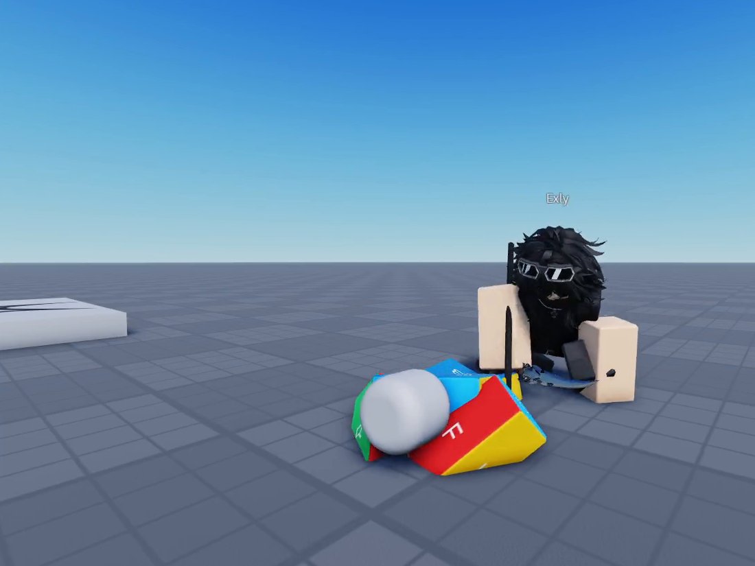 A Roblox character with a sword crouching over a test dummy on the ground