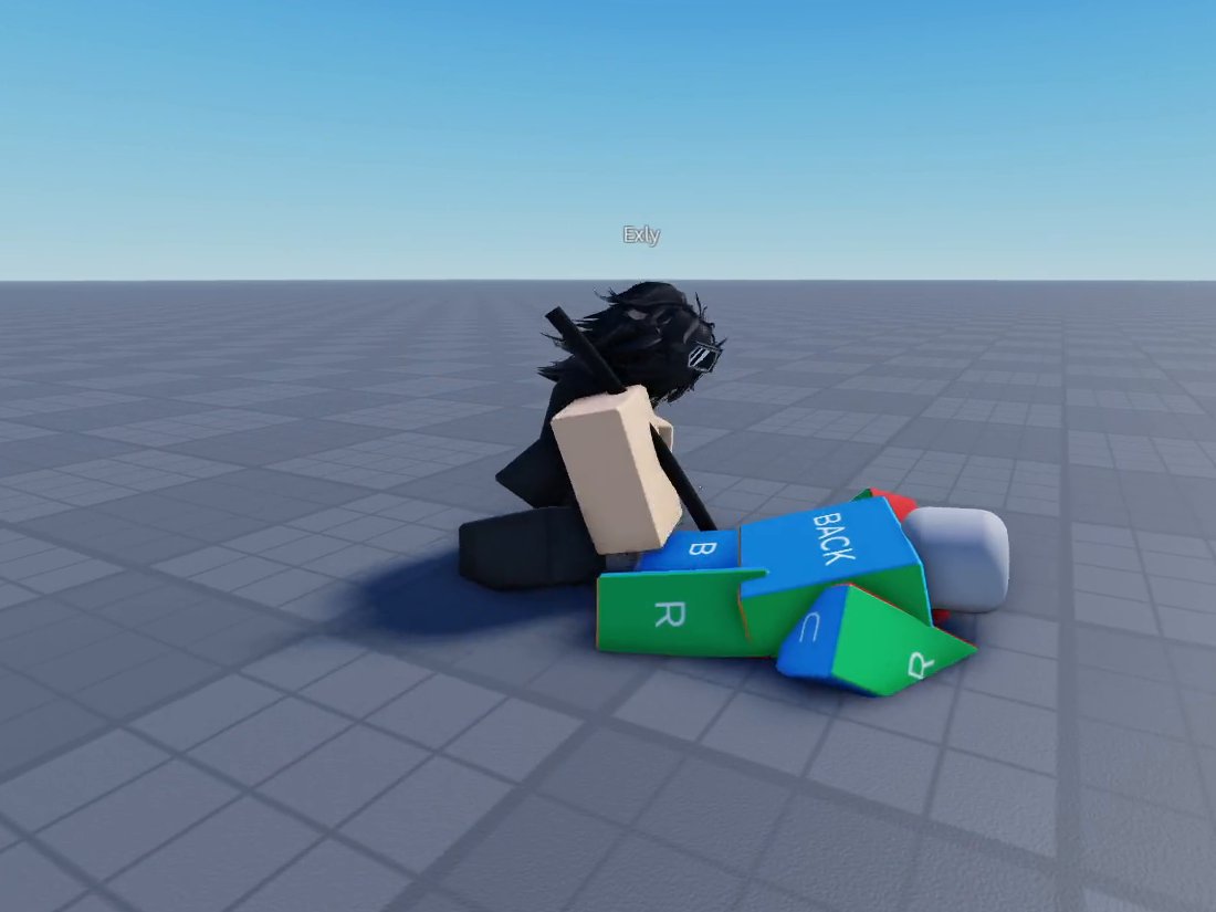 The Roblox character pinning the test dummy to the ground
