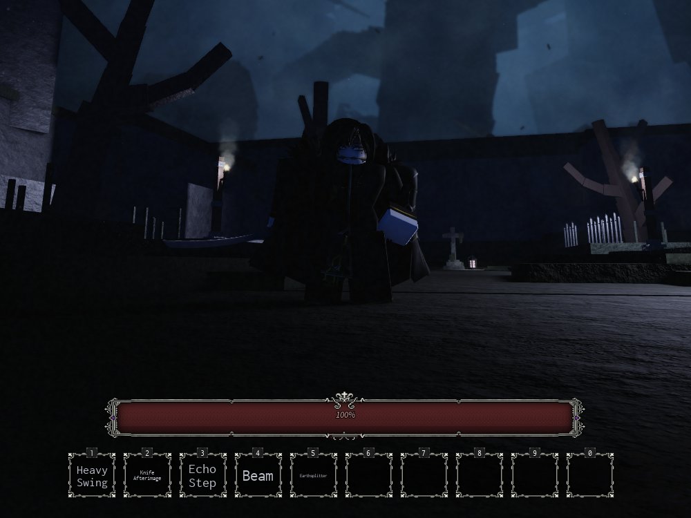Close-up of the Hollow Veil character above the ability hotbar: Heavy Swing, Knife Afterimage, Echo Step, Beam, Earthsplitter