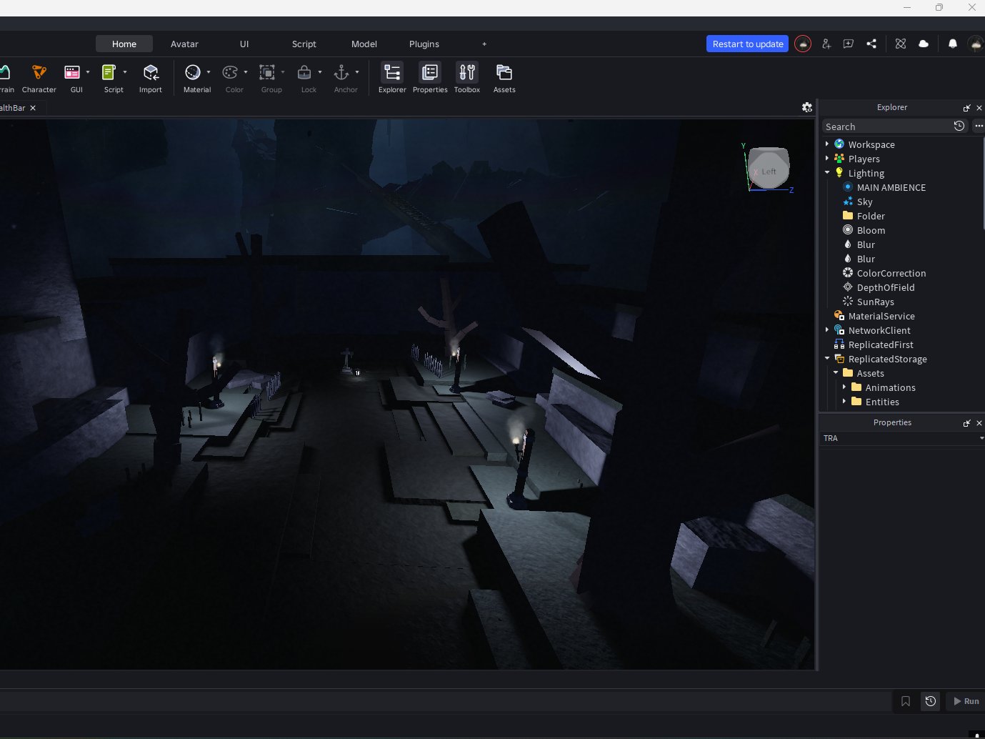 Roblox Studio with the Hollow Veil level open and the Explorer listing the lighting effects